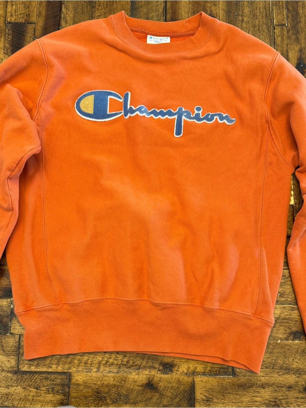 Champion Orange Crewneck with Navy & Gold Script Logo